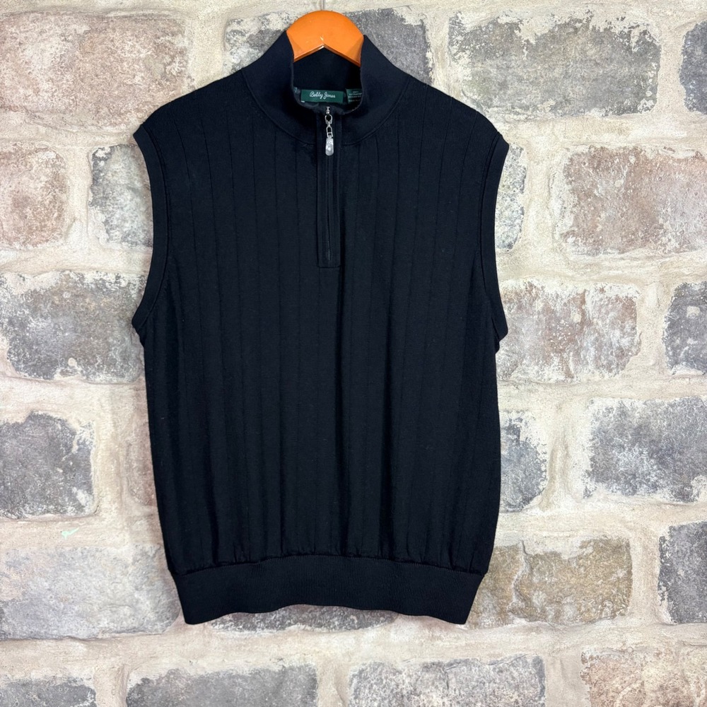 Bobby Jones Mens Black 100% Extrafine Merino Wool Ribbed Quarter Zip Vest L